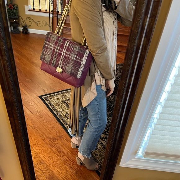Michelle Moon Quilted Leather And Tweed Two-Tone Fabric Bag in Plum And Grey - Picture 4 of 16